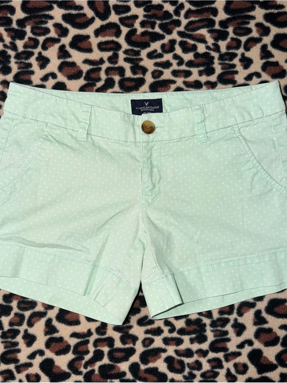 2000s style American Eagle Outfitters mint green & white polkadot lowrise shorts